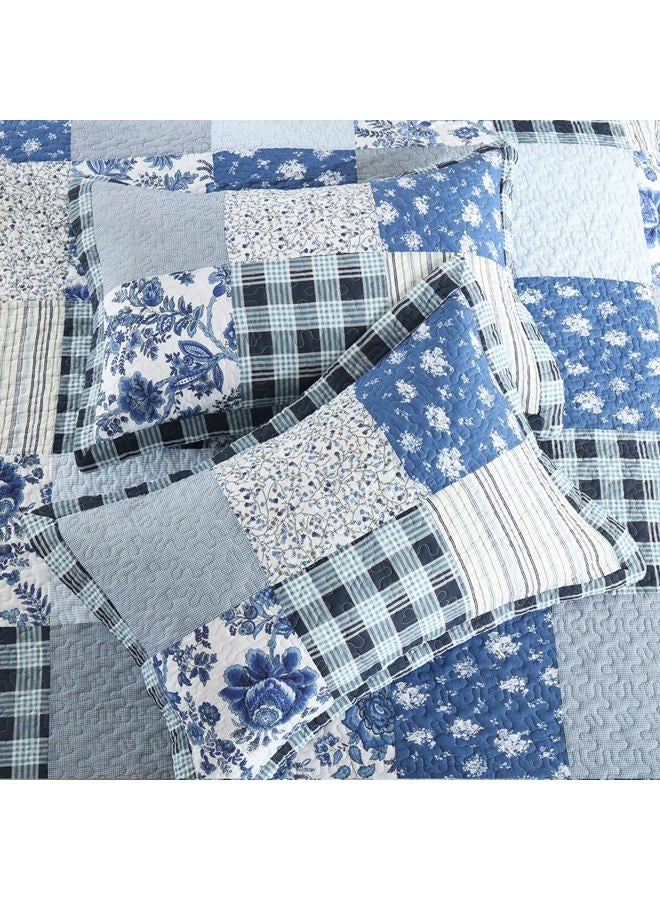 camandy Cotton Bedspread Quilt Bedding Sets 3 Pieces Reversible Coverlet Sets Comforters Rustic Floral Patchwork Blue White Bedspread, Queen Size - Image 4