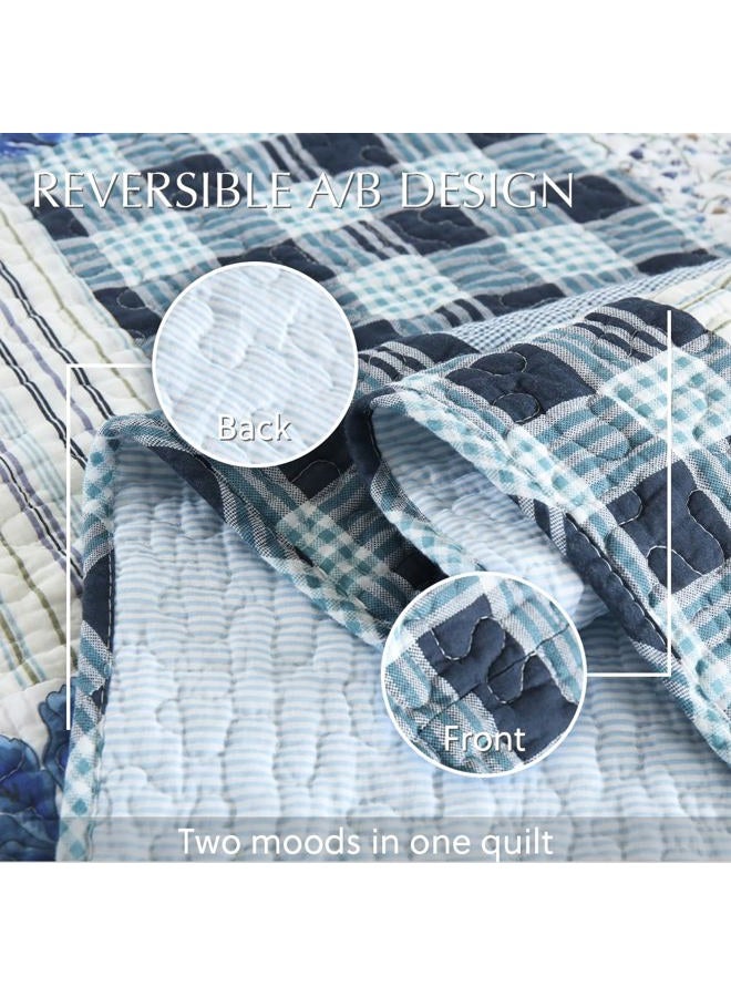 camandy Cotton Bedspread Quilt Bedding Sets 3 Pieces Reversible Coverlet Sets Comforters Rustic Floral Patchwork Blue White Bedspread, Queen Size - Image 5