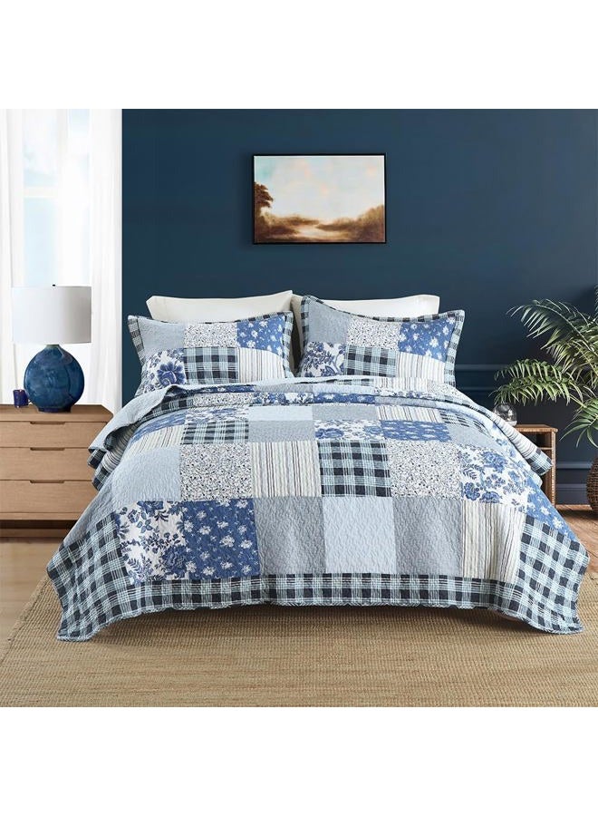 camandy Cotton Bedspread Quilt Bedding Sets 3 Pieces Reversible Coverlet Sets Comforters Rustic Floral Patchwork Blue White Bedspread, Queen Size - Image 1