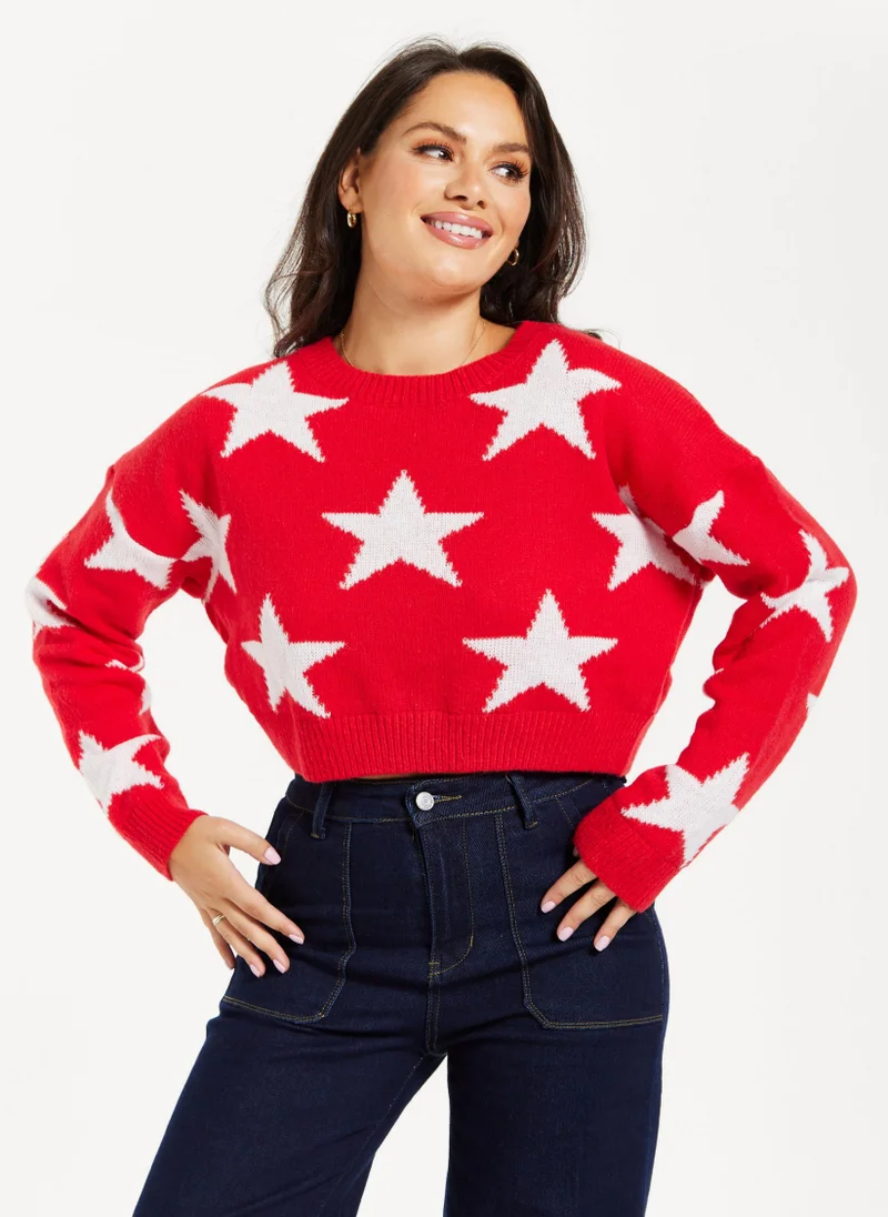 Liquorish Star Pattern Jumper In Red