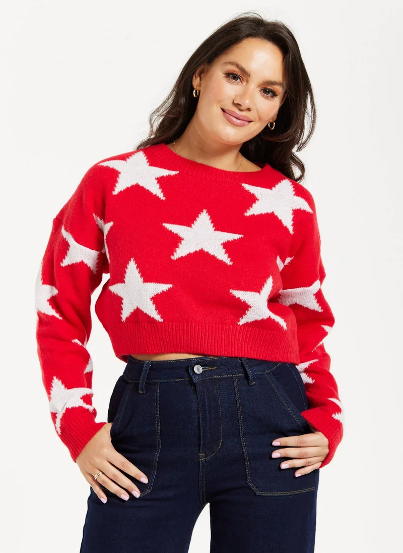 Liquorish Star Pattern Jumper In Red