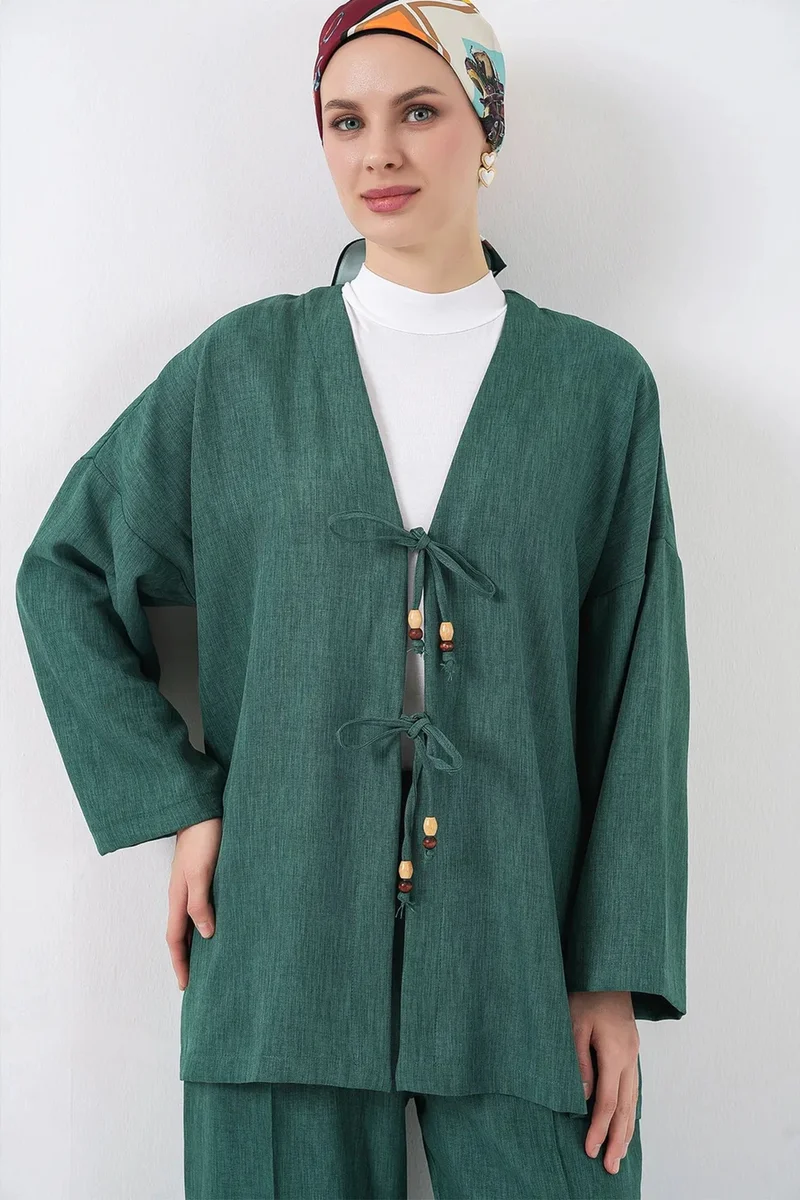 Big Dart Pine Green BDART V-Neck Cardigan and Wide Leg Pants Set for Women | Best Price UAE