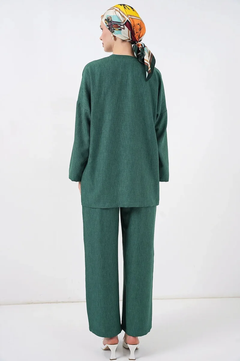 Big Dart Pine Green BDART V-Neck Cardigan and Wide Leg Pants Set for Women | Best Price UAE