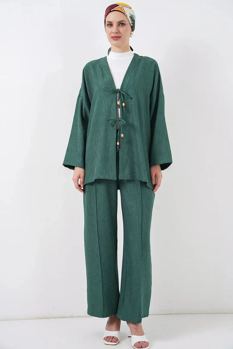Big Dart Pine Green BDART V-Neck Cardigan and Wide Leg Pants Set for Women | Best Price UAE