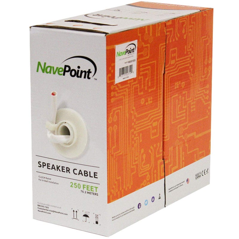 NavePoint 250ft in Wall Audio Speaker Cable Wire CL2 162 AWG Gauge 2 Conductor Bulk White