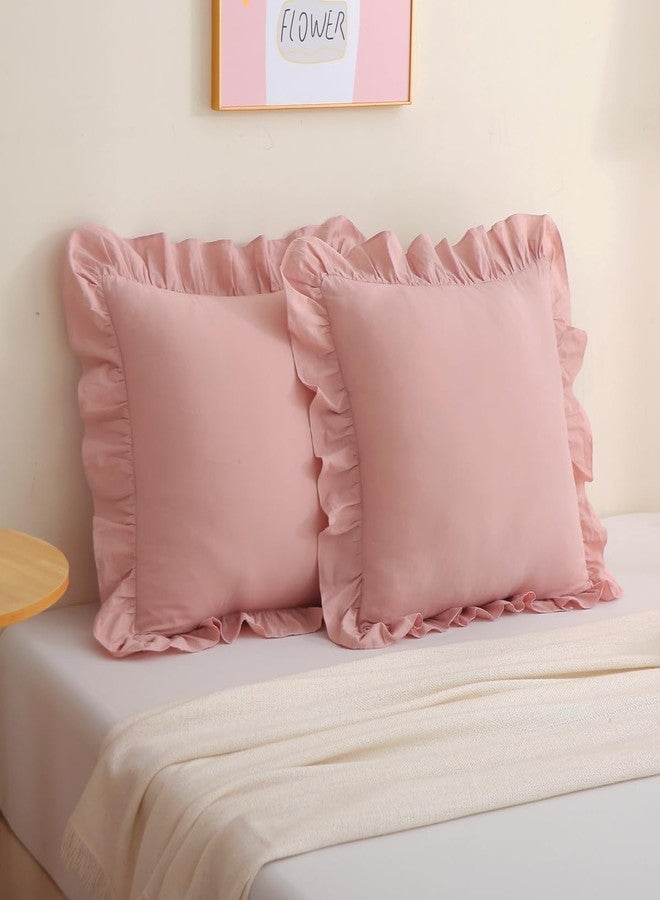 Silnuo 2 Pack Dusty Pink Ruffled Throw Pillow Covers Washed Cotton Farmhouse Decorative Pillowcases Bed Pillow Shams 20"x20" - Image 2