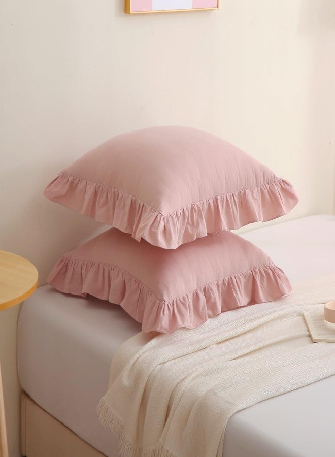 Silnuo 2 Pack Dusty Pink Ruffled Throw Pillow Covers Washed Cotton Farmhouse Decorative Pillowcases Bed Pillow Shams 20"x20" - Image 3