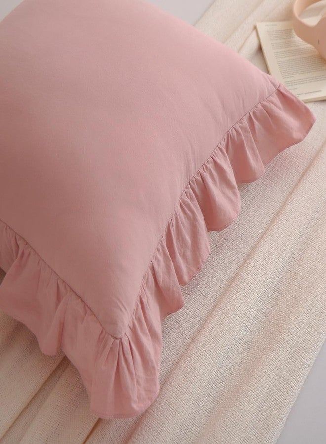Silnuo 2 Pack Dusty Pink Ruffled Throw Pillow Covers Washed Cotton Farmhouse Decorative Pillowcases Bed Pillow Shams 20"x20" - Image 4