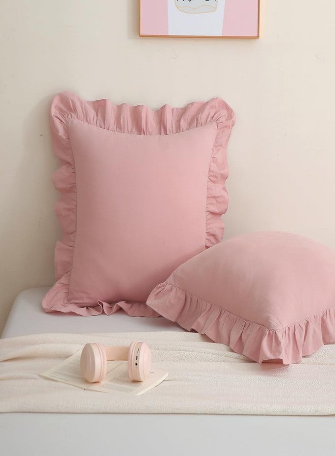 Silnuo 2 Pack Dusty Pink Ruffled Throw Pillow Covers Washed Cotton Farmhouse Decorative Pillowcases Bed Pillow Shams 20"x20" - Image 1