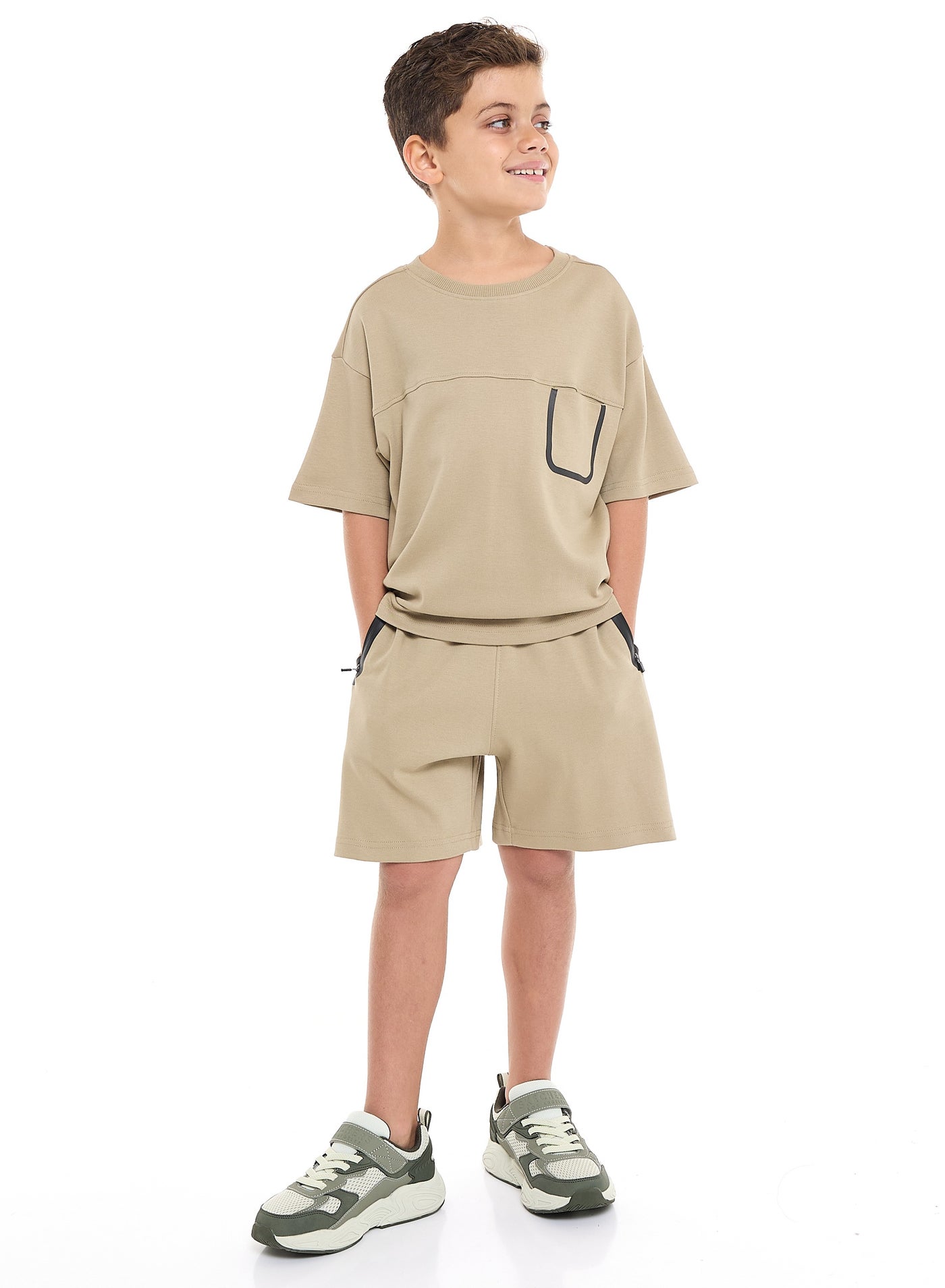 victor and jane Boys' Oversized 2 PC Set – Textured Material-Olive