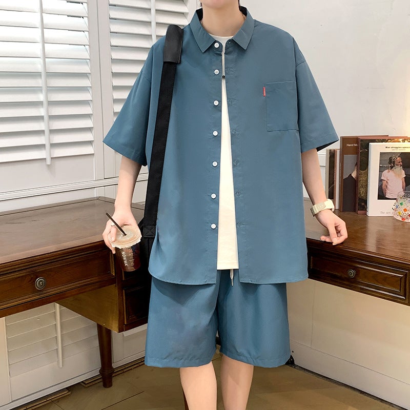 Summer new men's solid color short-sleeved shirt suit men's Japanese plus size casual shirt shorts two-piece set