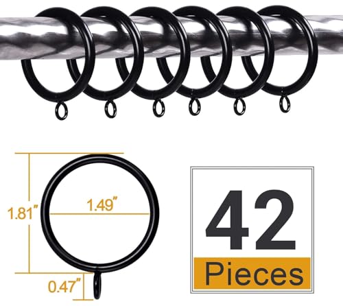 ANJUU 42 PCS Curtain Rings, 1.5 inch Metal Curtain Drape Sliding Eyelet Rings-Hanging Rings for Curtains and Rods, Fits Up to 1 1/4-Inch Rod, Black(Clips Not Included) - Image 2