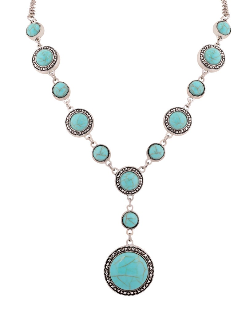 MINACHI Bohemian Created Turquoise Beaded Y-Necklace, Turquoise-toned Round-shaped Pendant, Dainty Elegant Jewelry for Women - Image 1