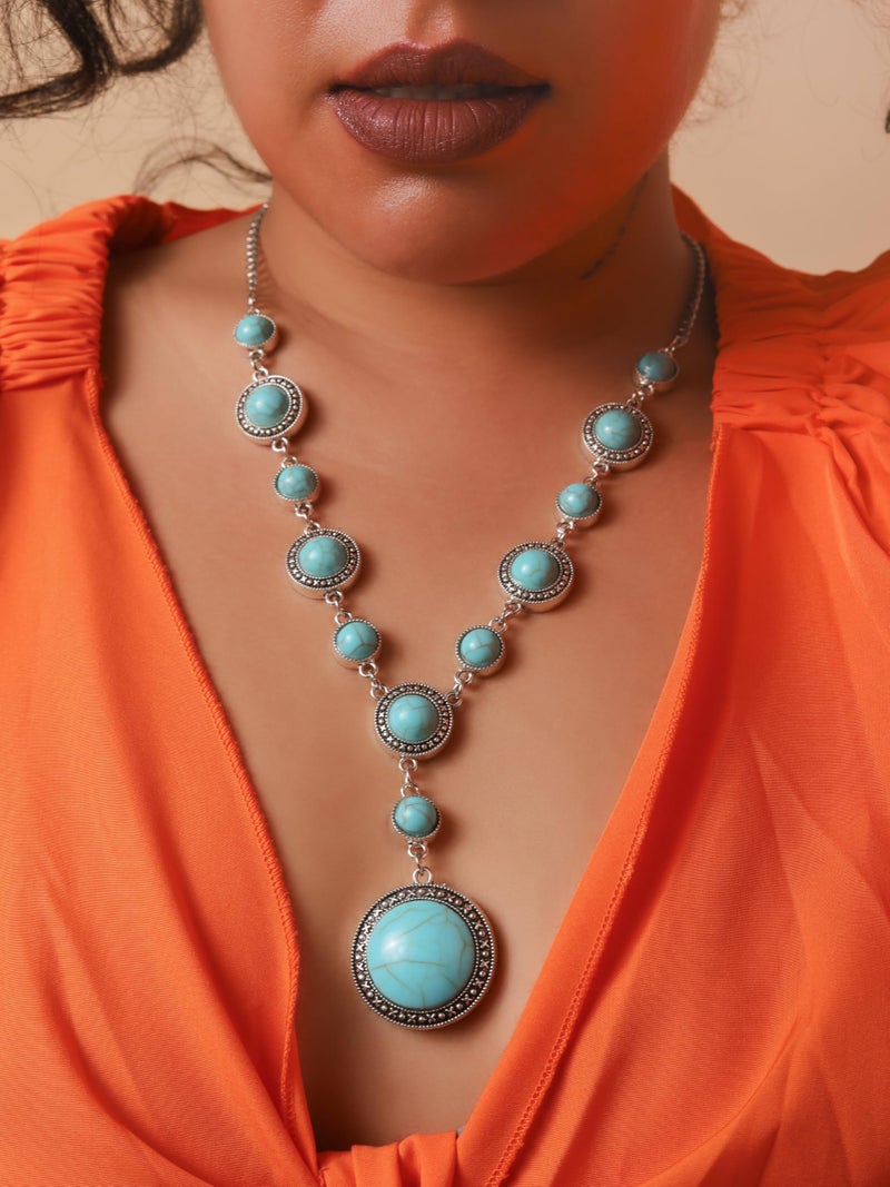MINACHI Bohemian Created Turquoise Beaded Y-Necklace, Turquoise-toned Round-shaped Pendant, Dainty Elegant Jewelry for Women - Image 4