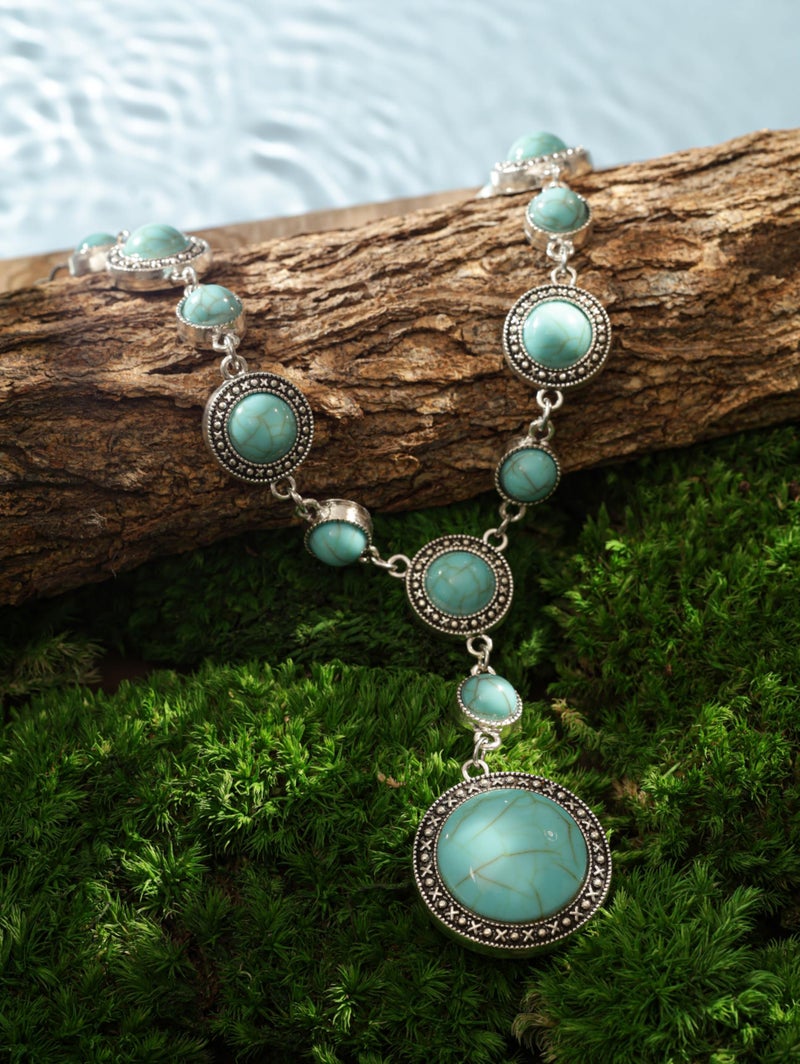 MINACHI Bohemian Created Turquoise Beaded Y-Necklace, Turquoise-toned Round-shaped Pendant, Dainty Elegant Jewelry for Women - Image 5