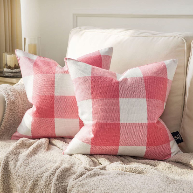 Phantoscope Pack of 2 Gingham Buffalo Check Plaid Throw Decorative Pillow Cover Outdoor Indoor Throw Pillows Farmhouse Square Pillow Cases for Home Decor Pink18 x 18 Inches