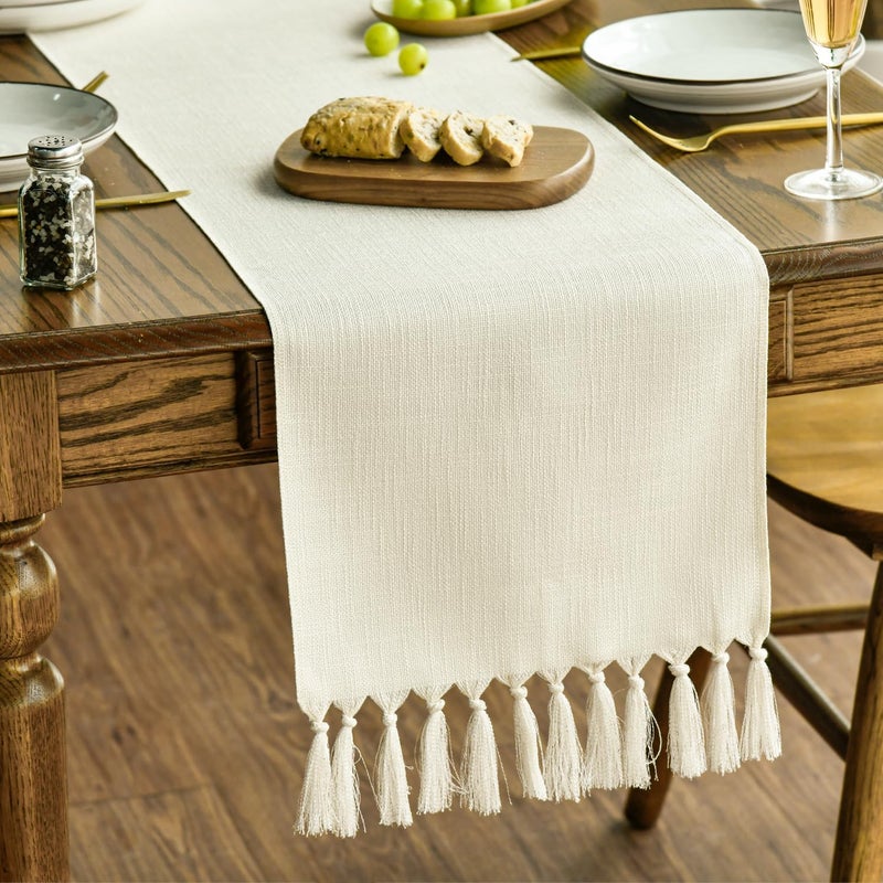 Artoid Mode Beige Tassel Table Runner, Boho Linen Blend Rustic Farmhouse Style Kitchen Table Decoration Holiday Wedding Party Dinning Decor 13x72 Inch - Image 1