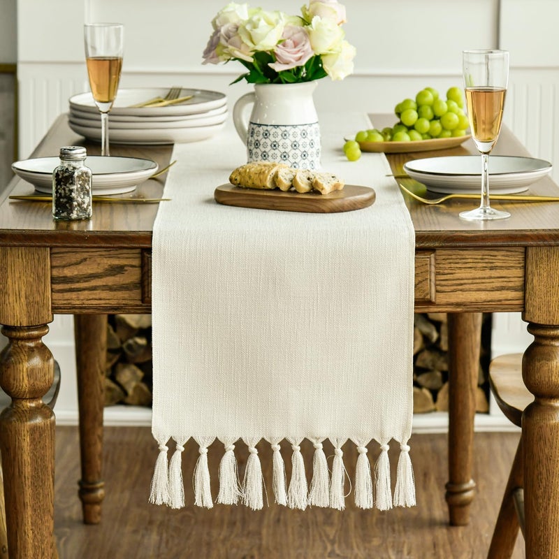 Artoid Mode Beige Tassel Table Runner, Boho Linen Blend Rustic Farmhouse Style Kitchen Table Decoration Holiday Wedding Party Dinning Decor 13x72 Inch - Image 3