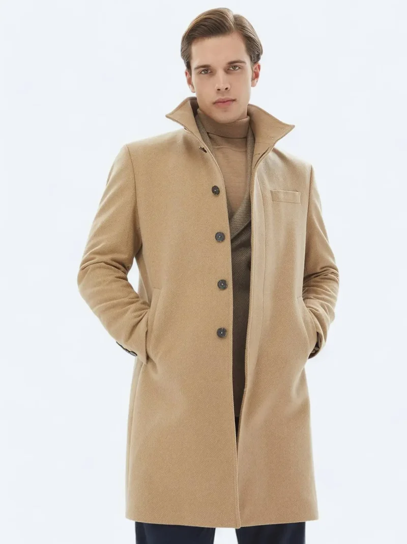 كيب معطف كلاسيكي منسوج بياقة عالية وقصة عادية من قماش الباف