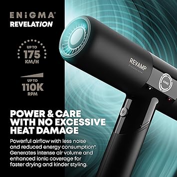 REVAMP Enigma Revelation Ionic Portable Hair Dryer Brushless Motor for Quiet Powerful Fast Drying Lightweight Blow Dryer Cold Setting 3 Magnetic Attachments for Salon Professional Styling - Image 3