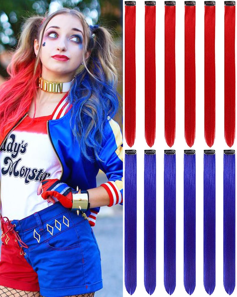 Red and Blue Hair Extensions Clip in 12 PCS Olldag Colored Hair Extensions Party Highlights Colorful Straight Synthetic Hairpiece for Kids Girls Women Halloween Clown Girl Cosplay 20inch