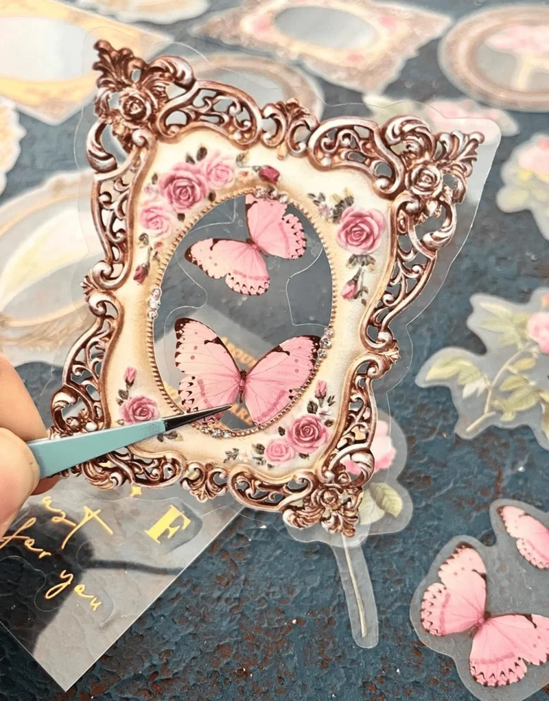 Kağıt Gemi Dükkan Flowers In Spring Series Pink Color Photo Frame with Flower Pattern 30 Transparent Pet Stickers