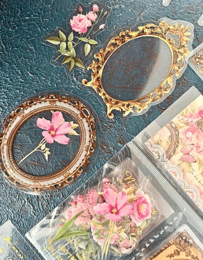 Kağıt Gemi Dükkan Flowers In Spring Series Pink Color Photo Frame with Flower Pattern 30 Transparent Pet Stickers