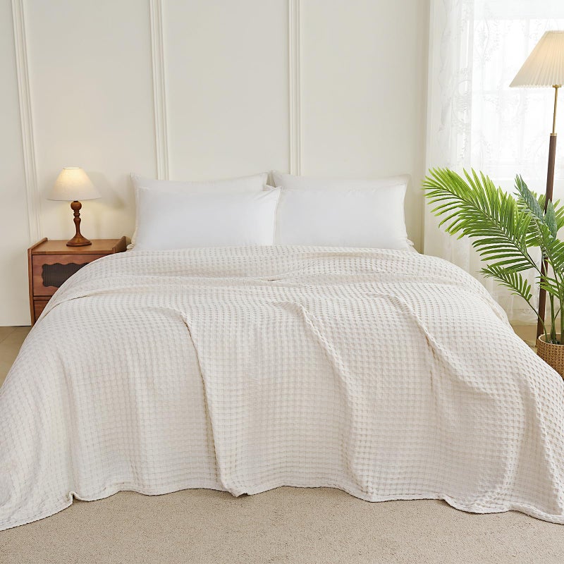 Aganear Waffle Blanket - Lightweight Breathable Summer Blanket of 50% Cotton and 50% Rayon Derived from Bamboo for Hot Sleepers Luxury Throws for Bed, Couch and Sofa,Beige,90x90 Inches - Image 5