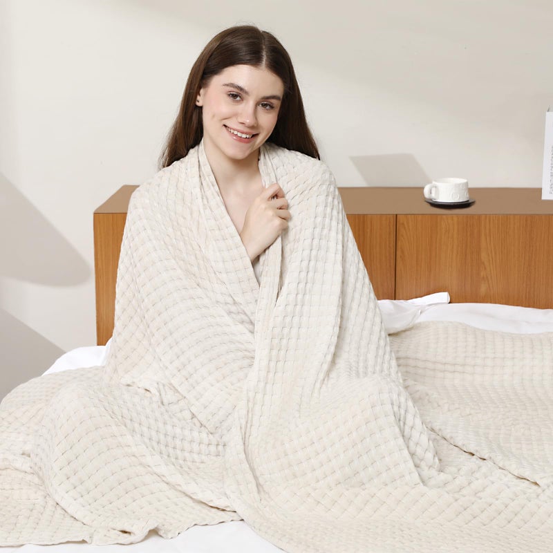 Aganear Waffle Blanket - Lightweight Breathable Summer Blanket of 50% Cotton and 50% Rayon Derived from Bamboo for Hot Sleepers Luxury Throws for Bed, Couch and Sofa,Beige,90x90 Inches - Image 1