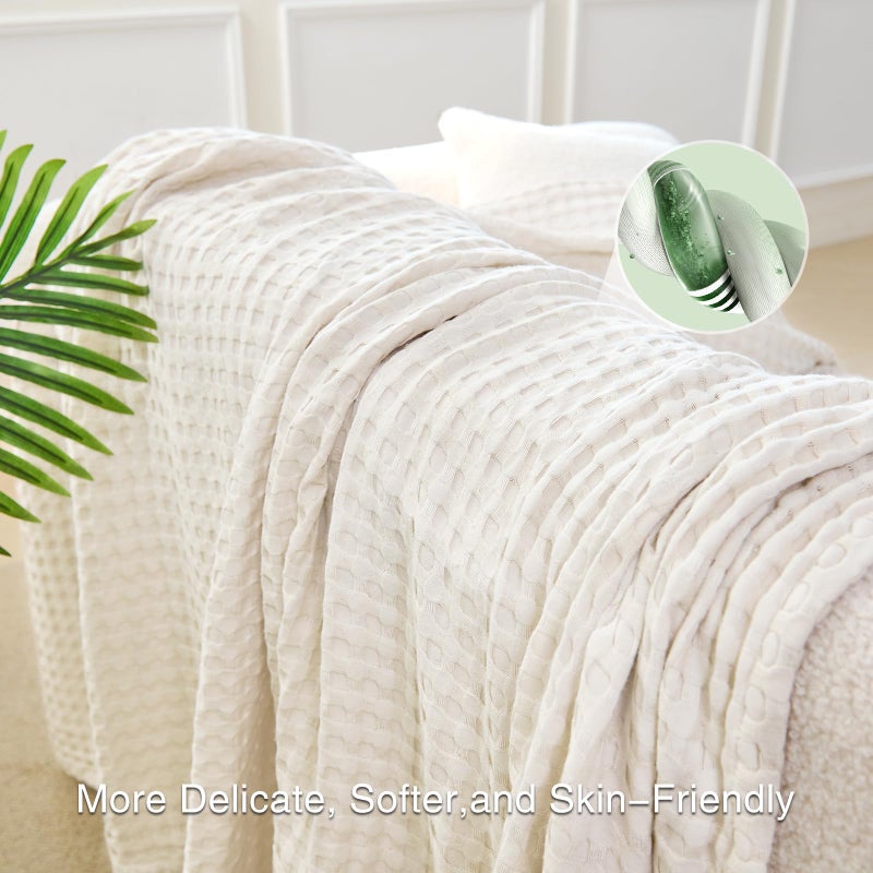 Aganear Waffle Blanket - Lightweight Breathable Summer Blanket of 50% Cotton and 50% Rayon Derived from Bamboo for Hot Sleepers Luxury Throws for Bed, Couch and Sofa,Beige,90x90 Inches - Image 2