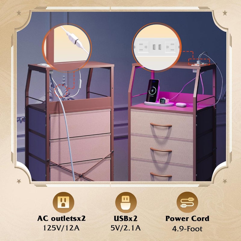 WLIVE 4 Drawer Dresser for Bedroom, 37" H Nightstand with Charging Station and Led Light, Tall Night Stand Bed Side Table, End Table with USB Ports and Outlets, Fabric Bins, Wood Shelf, Pink - Image 5