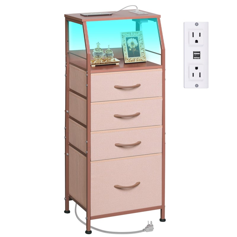 WLIVE 4 Drawer Dresser for Bedroom, 37" H Nightstand with Charging Station and Led Light, Tall Night Stand Bed Side Table, End Table with USB Ports and Outlets, Fabric Bins, Wood Shelf, Pink - Image 1