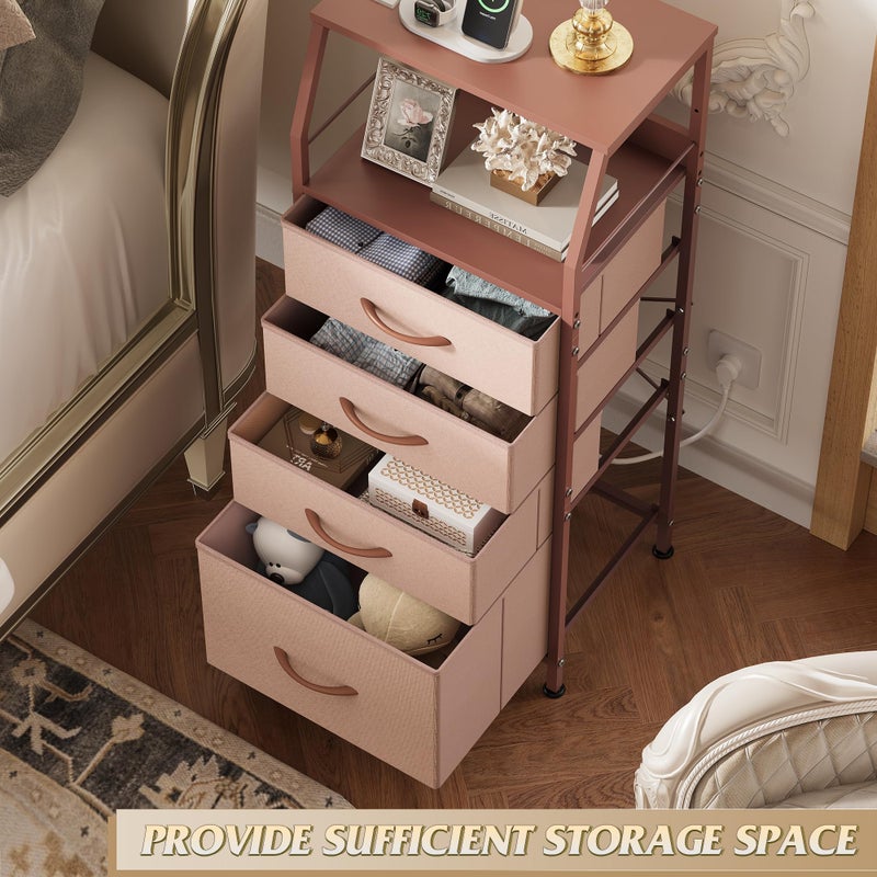 WLIVE 4 Drawer Dresser for Bedroom, 37" H Nightstand with Charging Station and Led Light, Tall Night Stand Bed Side Table, End Table with USB Ports and Outlets, Fabric Bins, Wood Shelf, Pink - Image 3