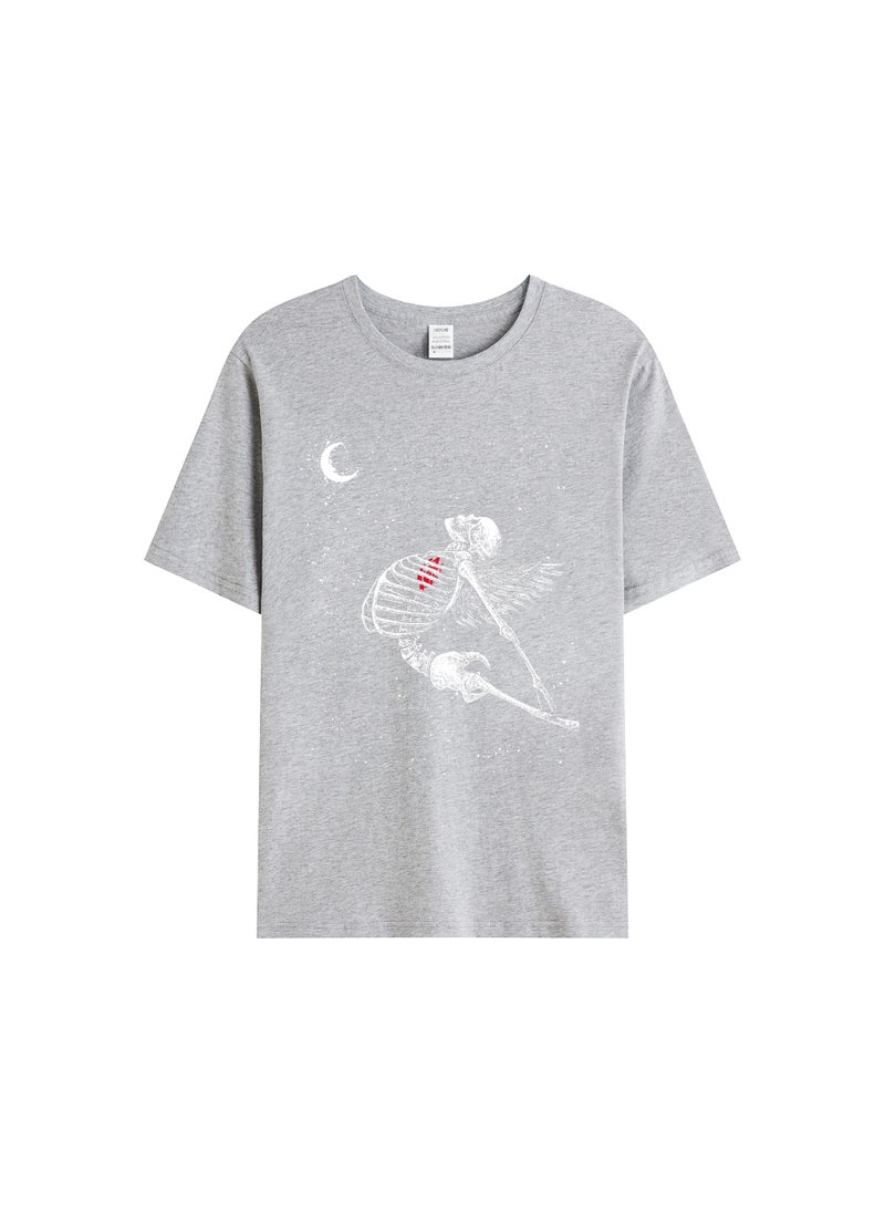 Generic - Casual Plus Size Mens Womens Halloween Skull Print T-Shirt Loose Fit Short Sleeves European Style Love Bone Design Light gray - Image 1