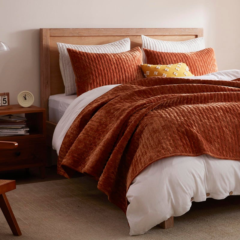 LEAONME Oversized King Quilt 120''x120'', Lightweight Burnt Orange Velvet Comforter Set with 2 Matching Shams, Soft Cross Stitch Bedspread Coverlet, Oversized King Bedding Set for All Season - Image 2