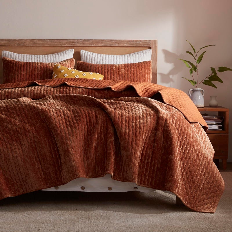 LEAONME Oversized King Quilt 120''x120'', Lightweight Burnt Orange Velvet Comforter Set with 2 Matching Shams, Soft Cross Stitch Bedspread Coverlet, Oversized King Bedding Set for All Season - Image 1