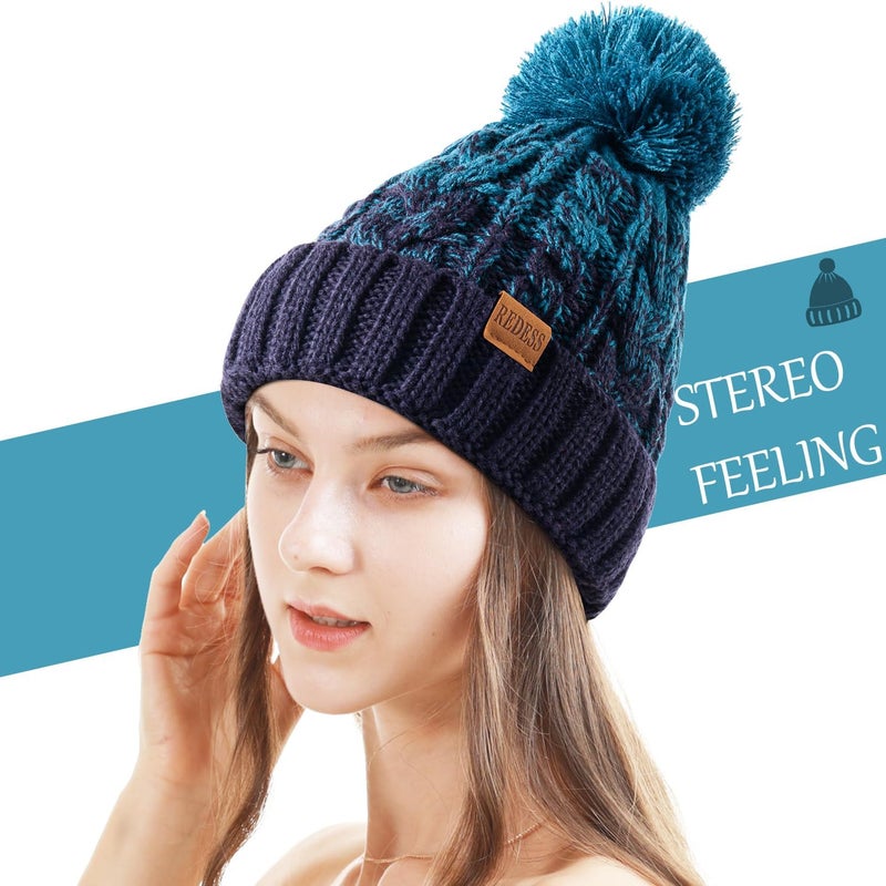 REDESS Women Winter Pompom Beanie Hat with Warm Fleece Lined, Thick Slouchy Snow Knit Skull Ski Cap - Image 2