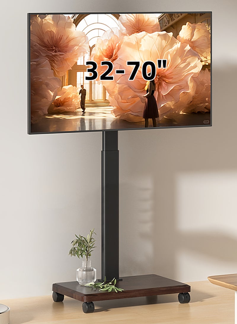 HILLPORT حامل تلفزيون أرضي متنقل لأجهزة تلفزيون مقاس 32 إلى 70 بوصة مع قاعدة تخزين خشبية، عربة متنقلة محمولة بعجلات، مع حامل دوار، حوامل زاوية عالمية لغرفة النوم، للاستخدام الخارجي - Image 1