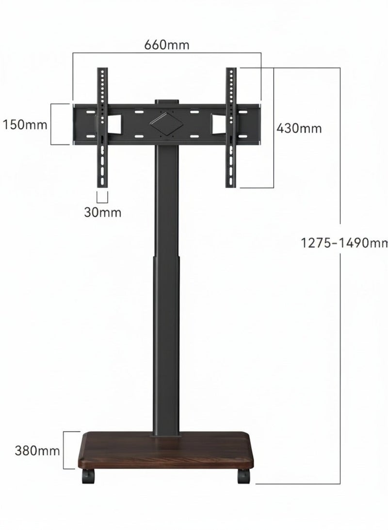 HILLPORT حامل تلفزيون أرضي متنقل لأجهزة تلفزيون مقاس 32 إلى 70 بوصة مع قاعدة تخزين خشبية، عربة متنقلة محمولة بعجلات، مع حامل دوار، حوامل زاوية عالمية لغرفة النوم، للاستخدام الخارجي - Image 2