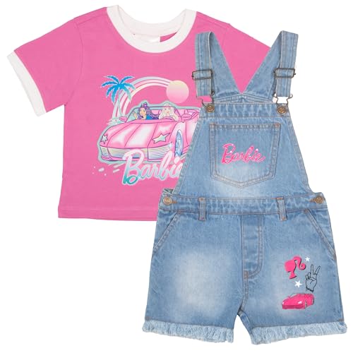 Barbie Girl's Crewneck T-Shirt and Denim Short Overalls 2-Piece Set Pink Convertible Tee and Jean Shortalls for Kids (Pink and Blue, Size 6/6X) - Image 1