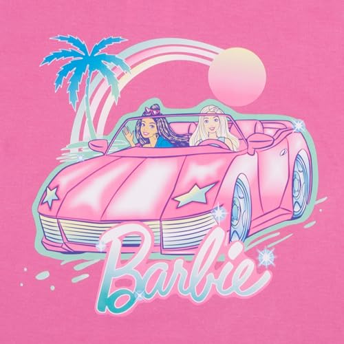 Barbie Girl's Crewneck T-Shirt and Denim Short Overalls 2-Piece Set Pink Convertible Tee and Jean Shortalls for Kids (Pink and Blue, Size 6/6X) - Image 4
