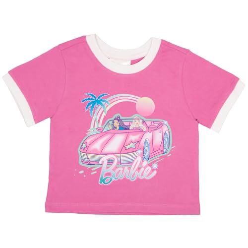 Barbie Girl's Crewneck T-Shirt and Denim Short Overalls 2-Piece Set Pink Convertible Tee and Jean Shortalls for Kids (Pink and Blue, Size 6/6X) - Image 3