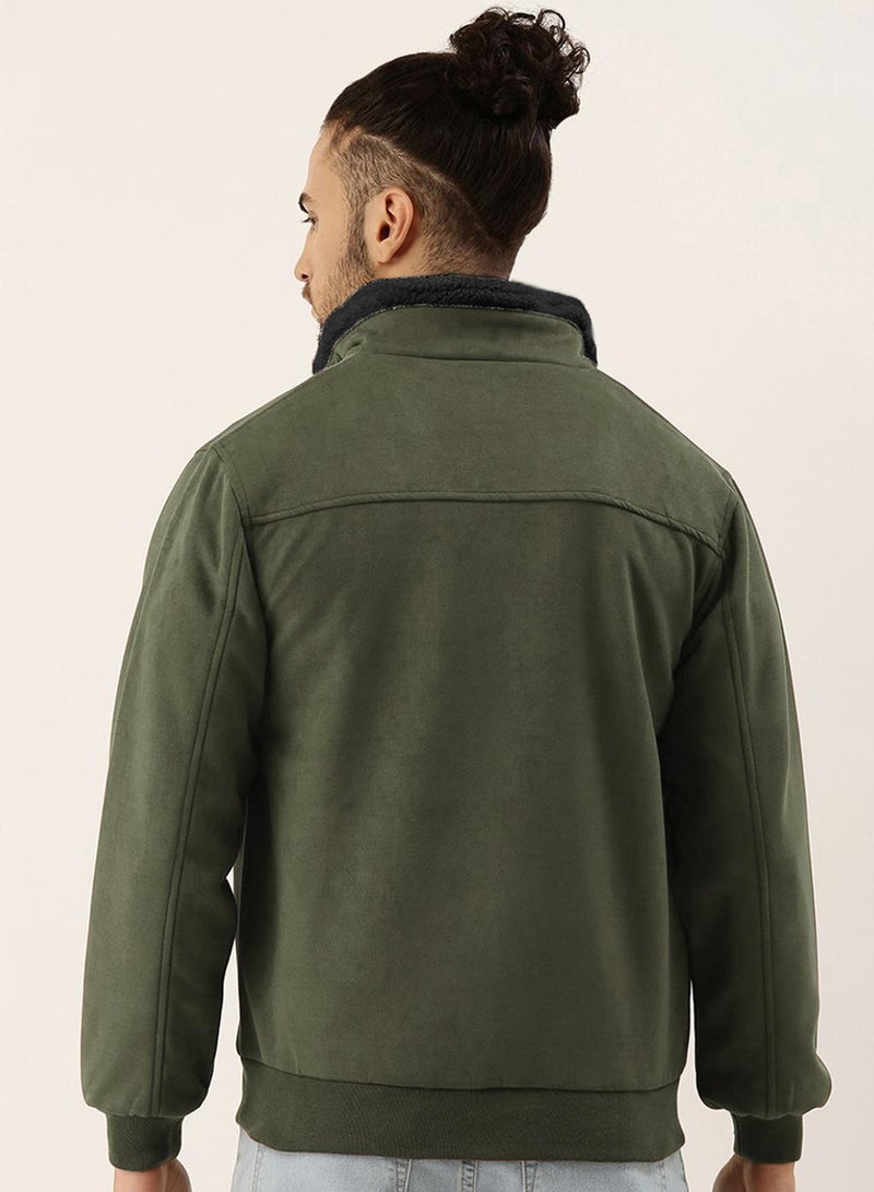 كامبوس سوترا جاكيت بومبر رجالي من جلد الغزال مبطن بالفرو باللون الأخضر العسكري للارتداء الكاجوال - Image 5