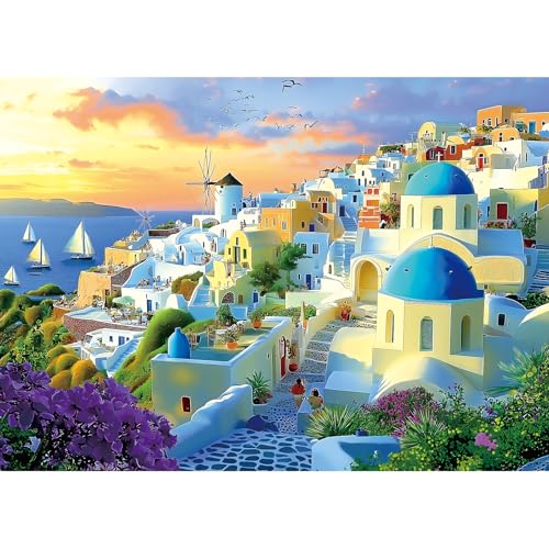 Blueforest 1000 Piece Adult Jigsaw Puzzle Santorini Greece Sunset Beautiful Blue Domed Churches Aegean Sea Village Landscape Puzzle with Letters on Back for Adults Seniors Game Night - Image 1
