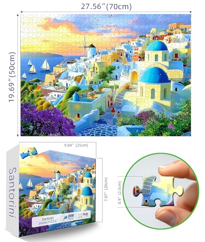 Blueforest 1000 Piece Adult Jigsaw Puzzle Santorini Greece Sunset Beautiful Blue Domed Churches Aegean Sea Village Landscape Puzzle with Letters on Back for Adults Seniors Game Night - Image 5
