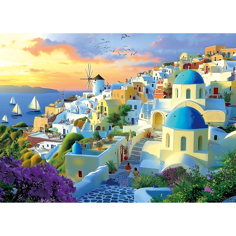Blueforest 1000 Piece Adult Jigsaw Puzzle Santorini Greece Sunset Beautiful Blue Domed Churches Aegean Sea Village Landscape Puzzle with Letters on Back for Adults Seniors Game Night - Image 3
