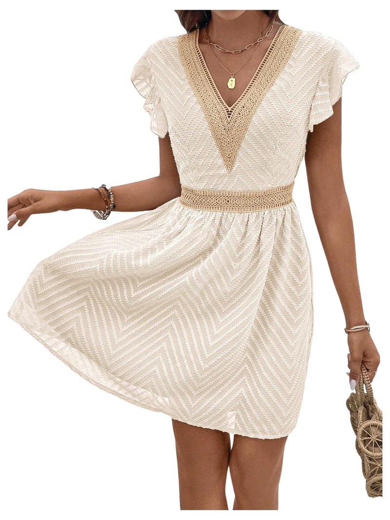 MakeMeChic Women's Contrast Lace Mini Dress Ruffle Sleeve V Neck Boho Beach Vacation Summer Dresses Apricot Medium - Image 1