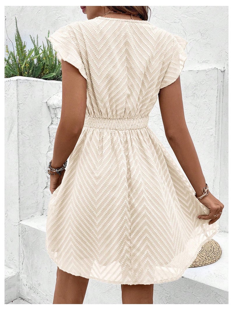 MakeMeChic Women's Contrast Lace Mini Dress Ruffle Sleeve V Neck Boho Beach Vacation Summer Dresses Apricot Medium - Image 3