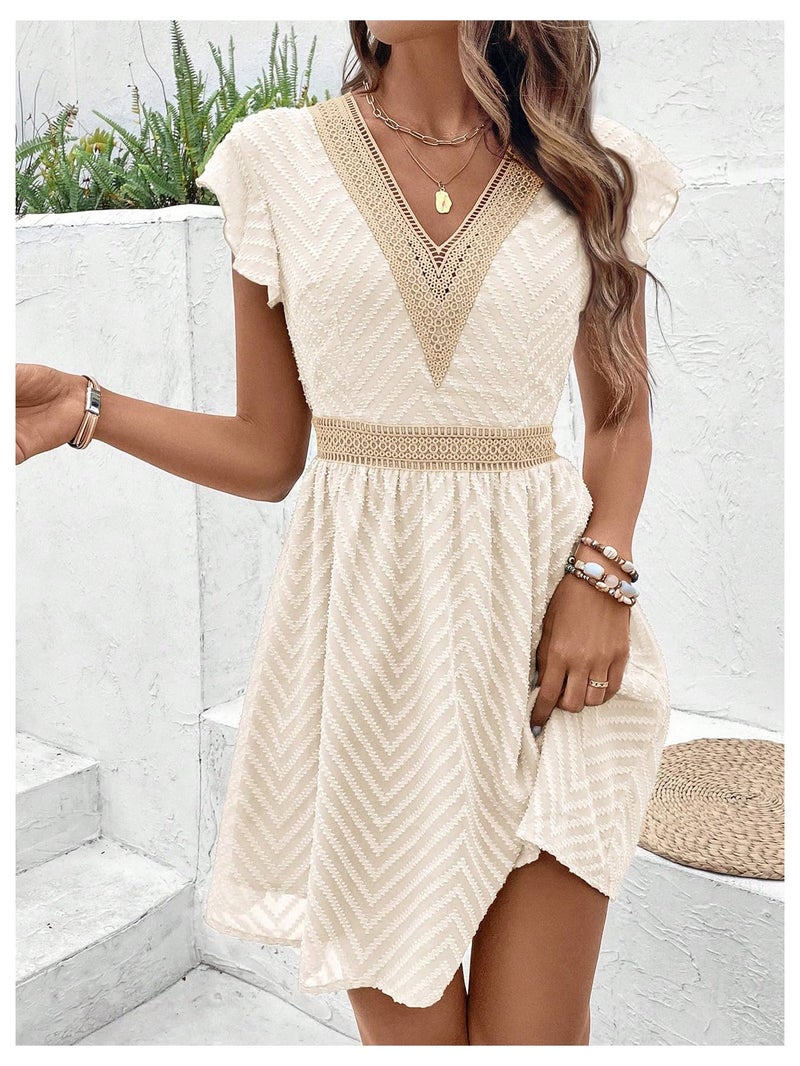 MakeMeChic Women's Contrast Lace Mini Dress Ruffle Sleeve V Neck Boho Beach Vacation Summer Dresses Apricot Medium - Image 4