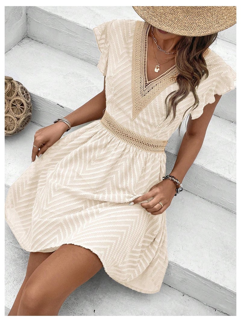 MakeMeChic Women's Contrast Lace Mini Dress Ruffle Sleeve V Neck Boho Beach Vacation Summer Dresses Apricot Medium - Image 5